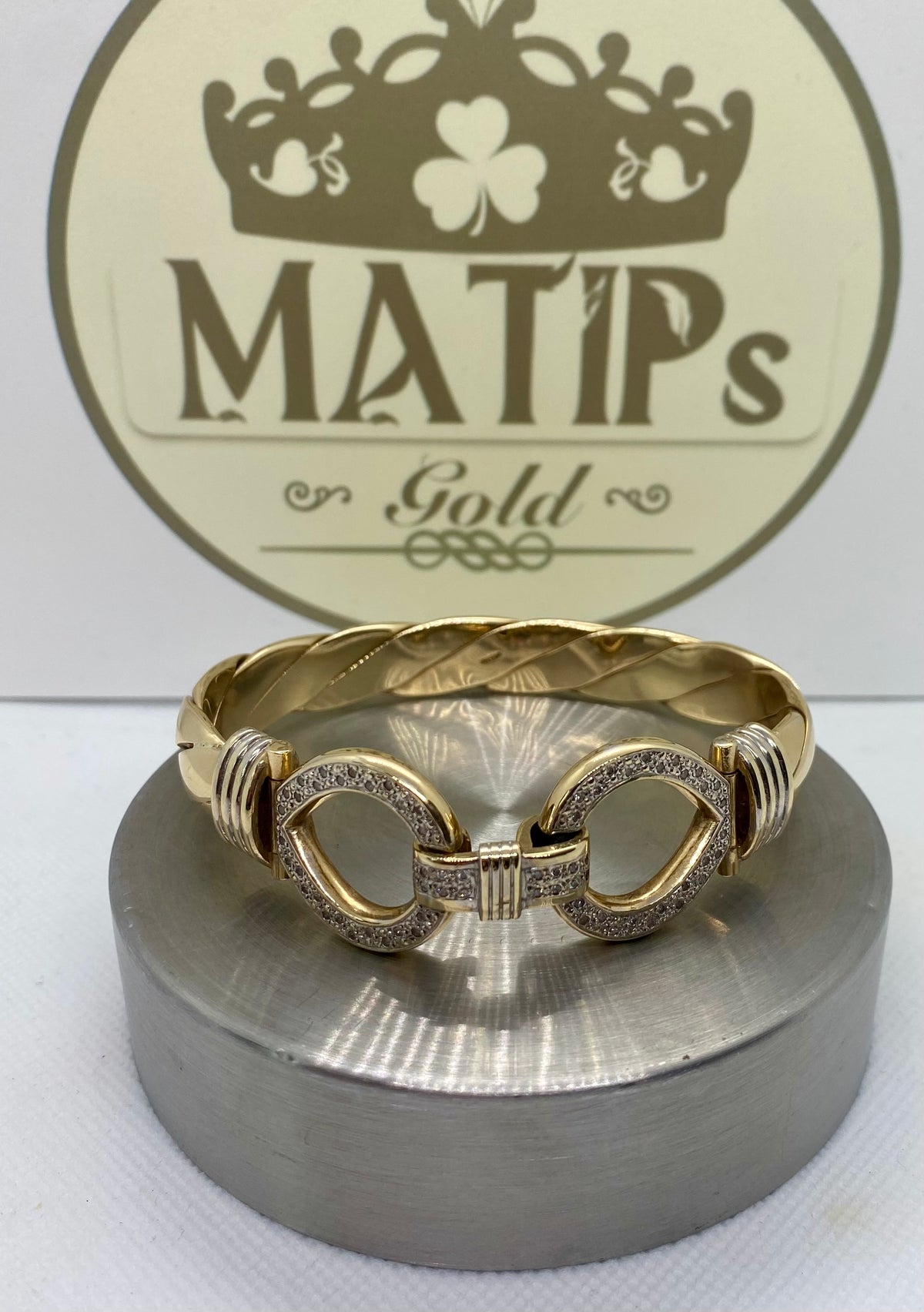 9ct gold diamond XL double hook bangle 89g