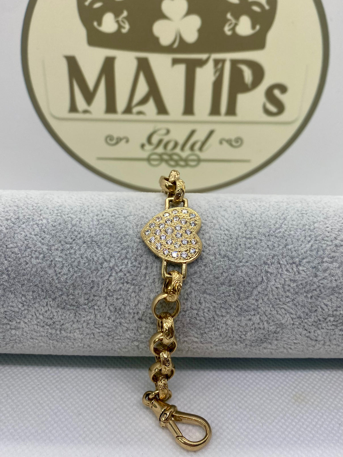 Kids 9ct gold CZ heart belcher bracelet 12g